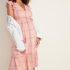 Maternity Ruffle-trim Tiered Plaid Midi Dress